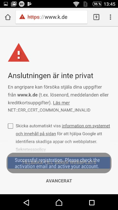 Klicka på länken i e-postbrevet. 4. När sidan med bilden nedan kommer fram är registreringen slutförd. Tryck på Register.