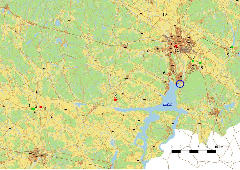 Figur 1. Kända aspleklokaler (fyllda punkter, röda och gröna) och lokaler i Uppsala län besökta 2017 (röda punkter och ringar).