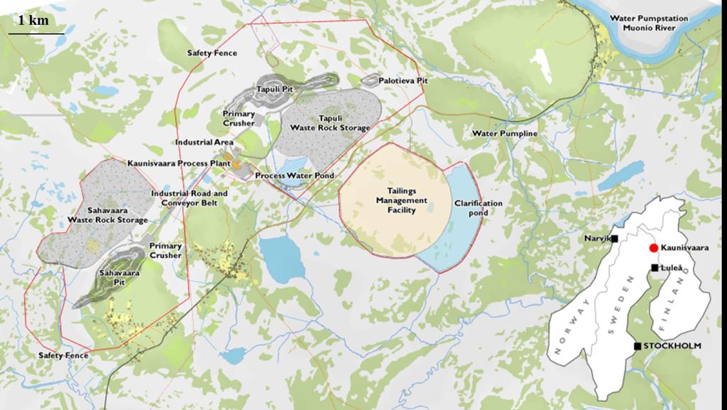 Gruvområdet är drygt 3100 hektar Beläget 80 km norr om Polcirkeln, 10 km söder om gränsälven Medeltemp 0,8 C, ca 250 frostdagar per år, medelnederbörd 480 mm