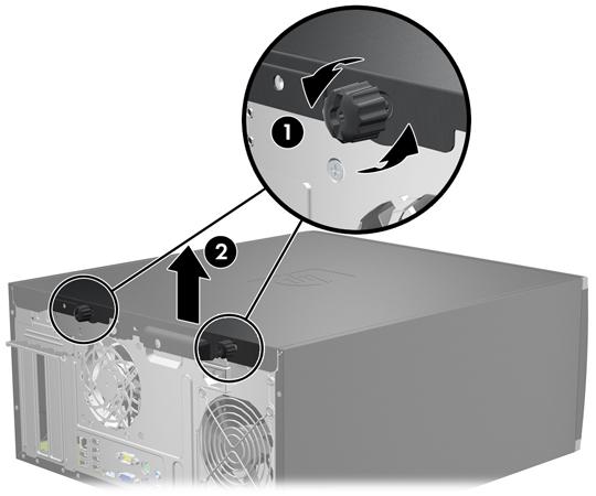 Ta bort datorns åtkomstpanel 1. Ta bort/koppla bort alla säkerhetsanordningar som förhindrar att datorn öppnas. 2. Ta bort alla flyttbara medier, t.ex. CD-skivor och USB-flashenheter, från datorn. 3.