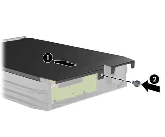 8. Placera temperaturgivaren uppe på hårddisken i en position som inte täcker etiketten (1) och fäst temperaturgivaren uppe på hårddisken med tejpen (2). Bild 2-39 Byta ut temperaturgivaren 9.