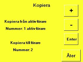 Knappen Kopiera växlar till meny för kopiering av en förares inställningar. Observera att parametrar förare 5 inte går att ändra från displayen.