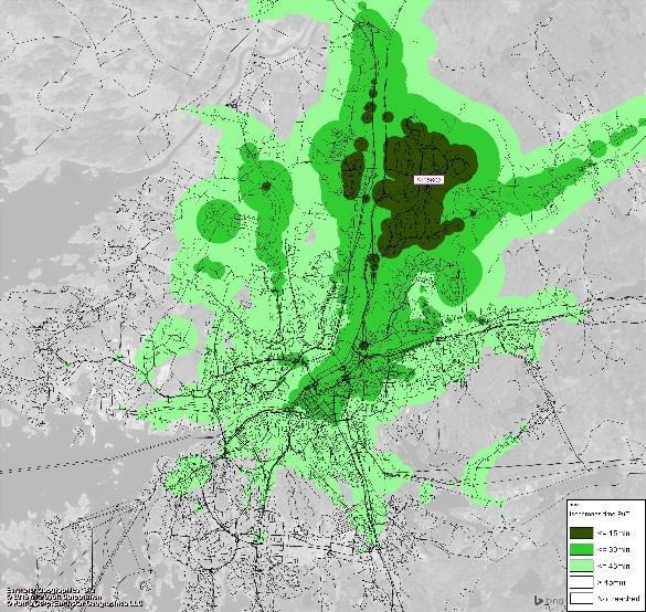 15 Resa från Angered centrum I kartbilderna ses tydligt restidseffekten av höjd hastighet på Angeredsbanan och Allélänken vilket innebär att man inom 30 respektive 45 min når betydligt större