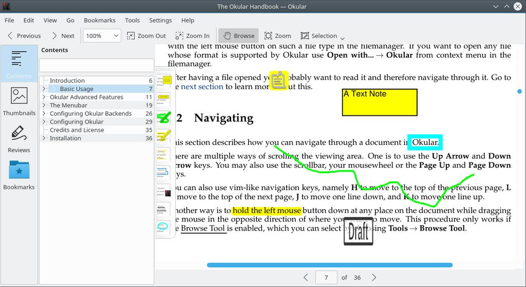 Okular har två olika sorters kommentarer: Textkommentarer som Gul märkpenna och Svart understrykning för filer med text, t.ex. PDF.