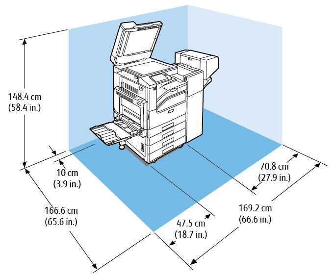 Specifikationer Utrymmeskrav med 3-magasinmodul med eller utan inbyggd kontorsefterbehandlare Bredd: 111,5 cm (43,9 tum) Djup: 166,6 cm (65,6 tum) Höjd: 148,4 cm (58,4 tum) Utrymmeskrav med