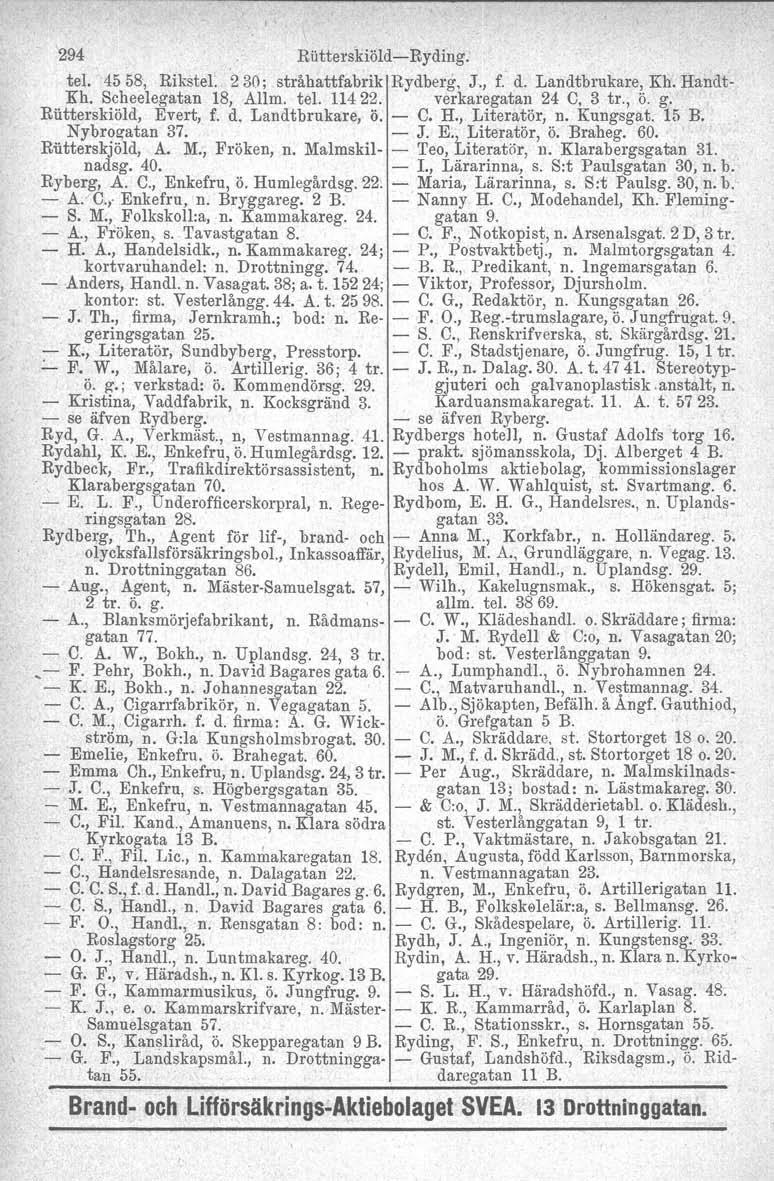 294 Riitterskiöld-Ryding. tel, 45 58, Rikstel. 230; stråhattfabrik Rydberg, J., f. d. Landtbrukare, Kh. Randt- Kh. Scheelegatan 18,.Allm, tel. 11422. verkaregatan 24 C, 3 tr., Ö. g.