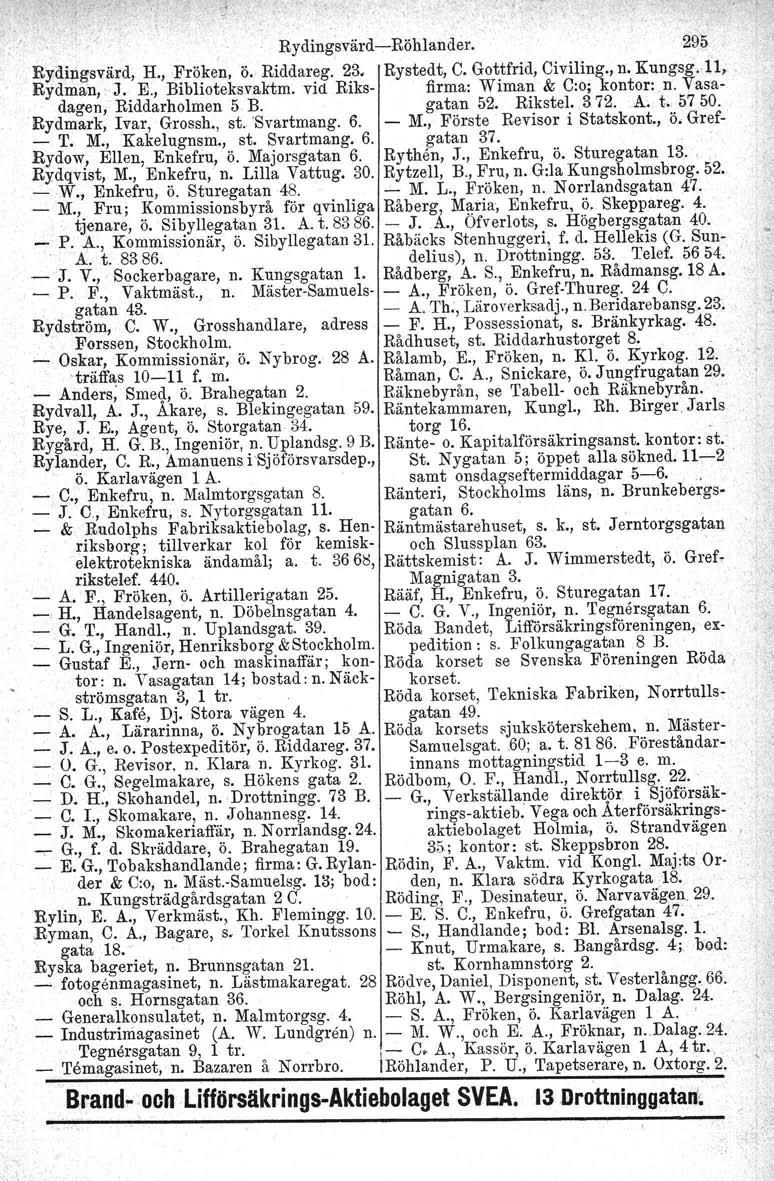 Rydingsvärd-Röhlander. 295 Rydingsvärd, H., Fröken, ö. Riddareg. 2S. Rystedt, C. Gottfrid, Civ:iling., n. Kungsgvl l,. Rydman, ' 'J. E., Biblioteksvaktm. vid Riks- firma: Wiman & C:o; konter.n. Vasadagen, Riddarholmen 5 B.