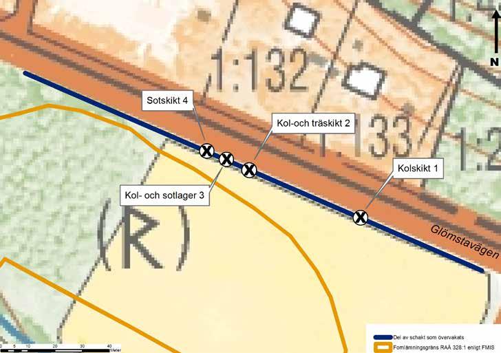 Fig 3. Fastighetskartan med schaktplan. Skala 1:2 000. Beskrivning: 1. Kolskikt. Består av sotig sand med inslag av kol. Längd: Cirka 1 meter. Bredd: Cirka 0,2 meter.