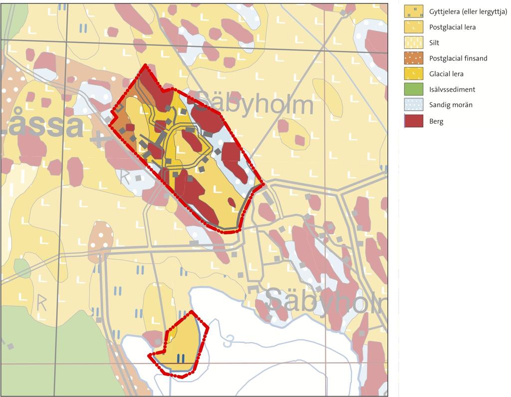 sid 16 Geologi/Geotekniska förhållanden Förutsättningar Slänterna från det stora skogspartiet i nordöst ner mot de centrala delarna består av morän.