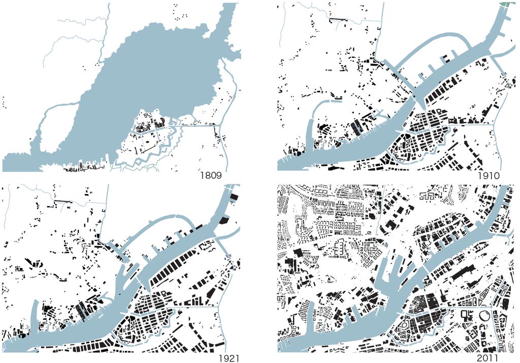 Figur 1: Strandlinjens förändring i takt med utfyllnad i centrala staden. Figur 2: Stadens expansionsplaner inom Älvstaden.