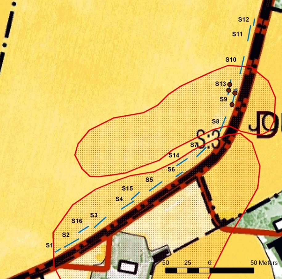 Farhult 21:1 Farhult 20:1 Fig. 16. Kartan visar resultatet från förundersökningen inom delsträcka 7 på utdrag ur Fastighetskartan 62D 3fS Farhult. Fornlämningarna visas med beteckning.