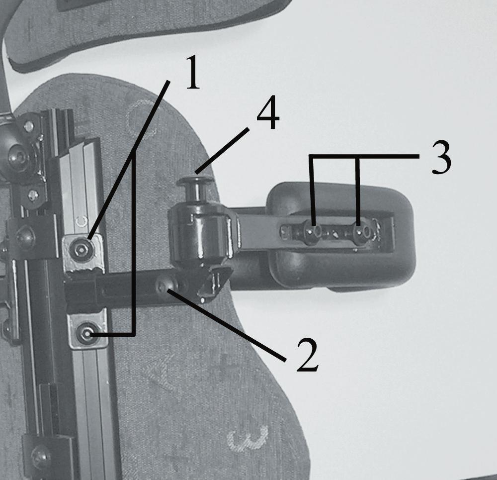 Dra åt skruvarna (1 och 2) när önskad vinkel uppnåtts. Skruva fast skruven. Verktyg: insexnyckel 5mm Angling of back rest:- Loosen screw (3). Set the desired angle. Tighten the screw.
