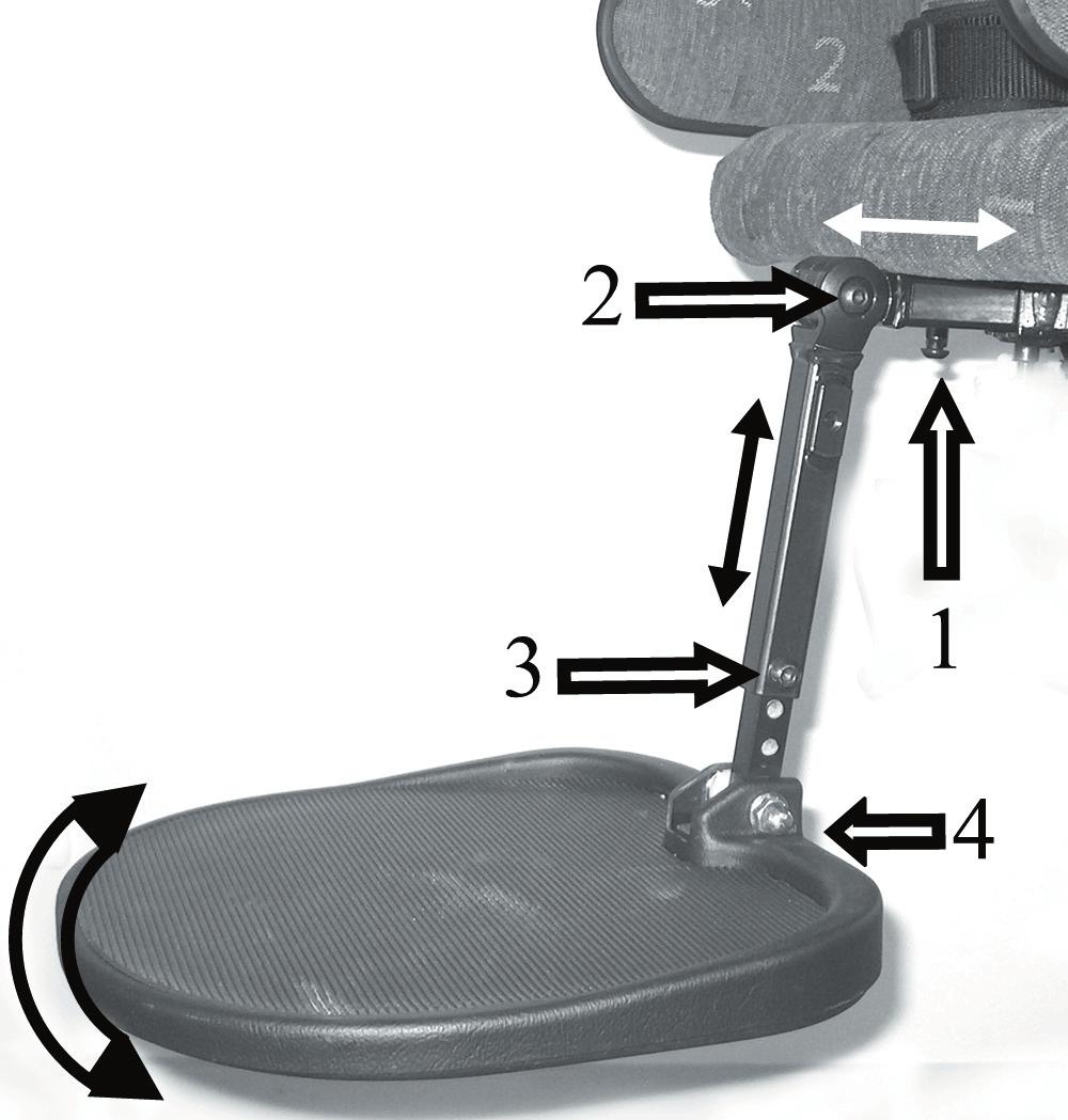 9 BENSTÖD - hel fotplatta (fi g 13) LEG RESTS single foot plate (fi g 13) Djup: Lossa skruven (1). Justera till önskat Depth: Loosen the screw (1). Adjust to the desired depth. Tighten the screw.