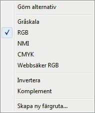 Färgpanelen visas (om inte välj Fönster, Färg). Om din panel inte ser ut, som i exemplet, klicka på pilen längst upp till höger i panelen och välj RGB från panelmenyn, se bilden till höger.