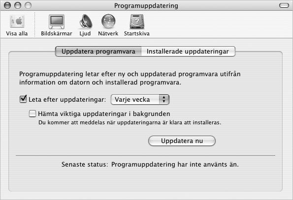 När du är ansluten till Internet kontrollerar Programuppdatering direkt på Apples Internetservrar om det finns några uppdateringar för din dator.