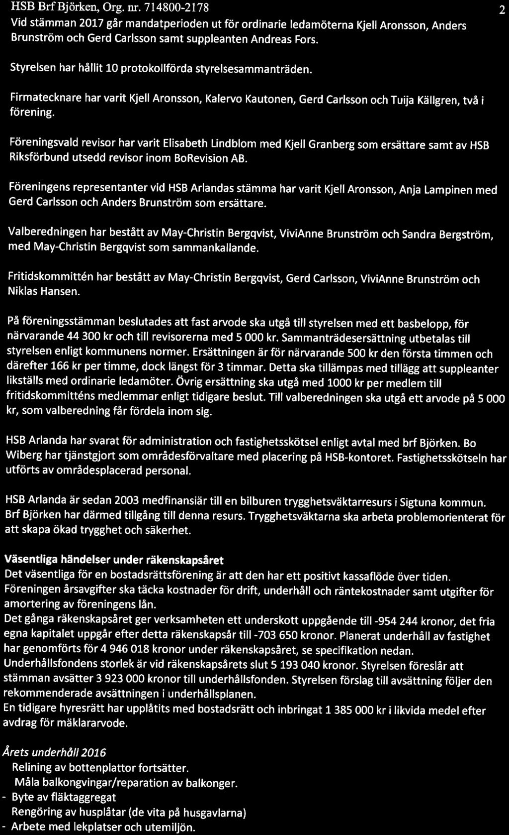 HSB Brf Björken, Org. nr. 714800-2178 2 Vid stämman 2017 går mandatperiden ut för rdinarie ledamöterna Kjell Arnssn, Anders Brunström ch Gerd Carlssn samt suppleanten Andreas Frs.