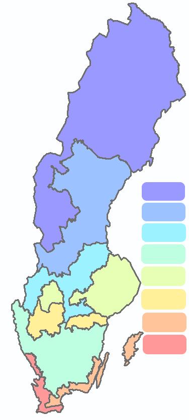 Övre Norrland - 8 Nedre Norrland - 7 Mellersta Sveriges skogsbygder - 6 Götalands skogsbygder - 5 Svealands slättbygder - 4 Götalands norra slättbygder - 3 Götalands mellanbygder 6-2 Götalands södra
