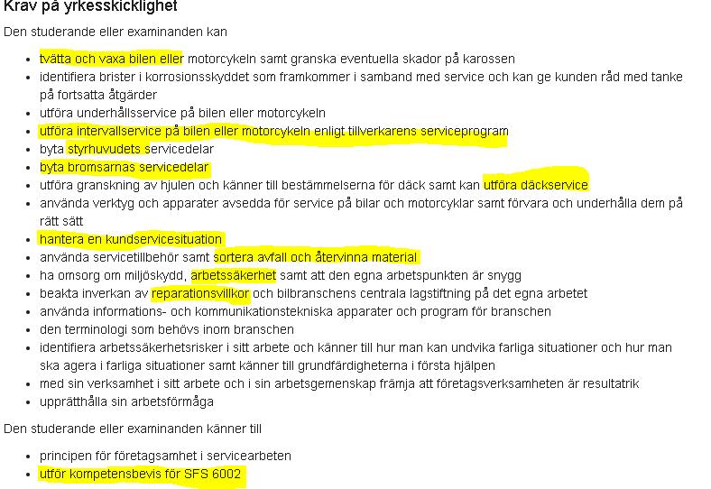 En filmsnutt på grundexamen för bilbranschen. ( e grunder bilbranschen som filmas när jag söker upp den. Hörs röster) Examen är uppbyggd på 5 examensdelar: 2 obligatoriska och 3 valbara delar.