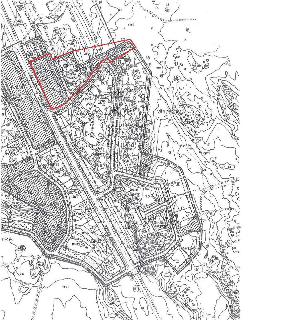 Gällande detaljplan för området, aktuellt planområde markerat med rött.