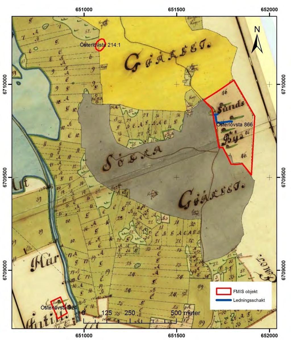 Figur 2. Bytomten Sunds (Österlövsta 866) läge på storskifteskarta från 1776 (rektifierad). Ledningsschaktet är markerat med en blå linje. Skala 1:10 000.