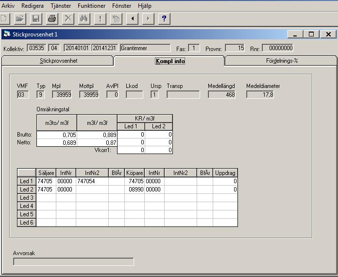 Stickprovsenhet flik Kompl info Leverantör kodifierad i säljare internnr 2 för led 1 1. Medellängd S:a bruttokvantitet /s:a grundyta 2.