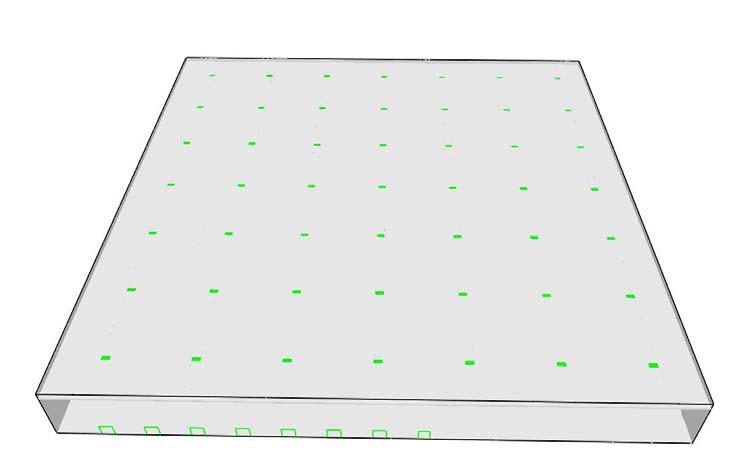 Figur 3. Utplacering av brandgasventilation i form av luckor i en 20 000 m 2 -lokal. 4.3.9 Brandgasfläktar Några simuleringar med fläktar genomförs.