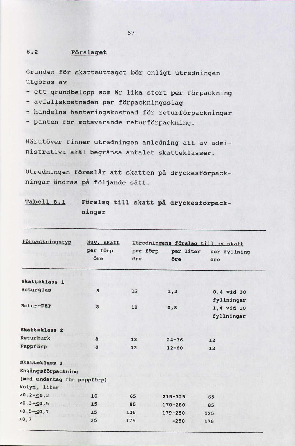67 8.2 Förslaget Grunden för skatteuttaget bör enligt utredningen utgöras av - ett grundbelopp som är lika stort per förpackning - avfallskostnaden per förpackningsslag - handelns hanteringskostnad