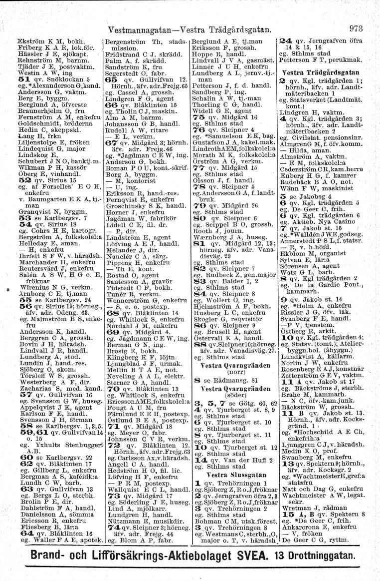 Vestmannagatan- Vestra 'I'rädgårdsgatan. Ekström K M, bokh. 'Bergenström 'I'h, stads- Berglund A E, tj.man Friberg K A R, lok.för. mission. Eriksson F, grossh. Hässler J E, sjökapt. Fridstrand C J.