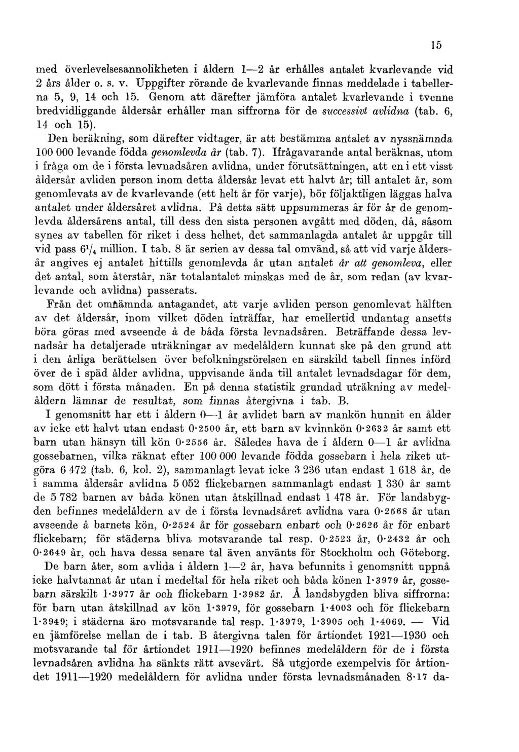 med överlevelsesannolikheten i åldern 1 2 år erhålles antalet kvarlevande vid 2 års ålder o. s. v. Uppgifter rörande de kvarlevande finnas meddelade i tabellerna 5, 9, 14 och 15.