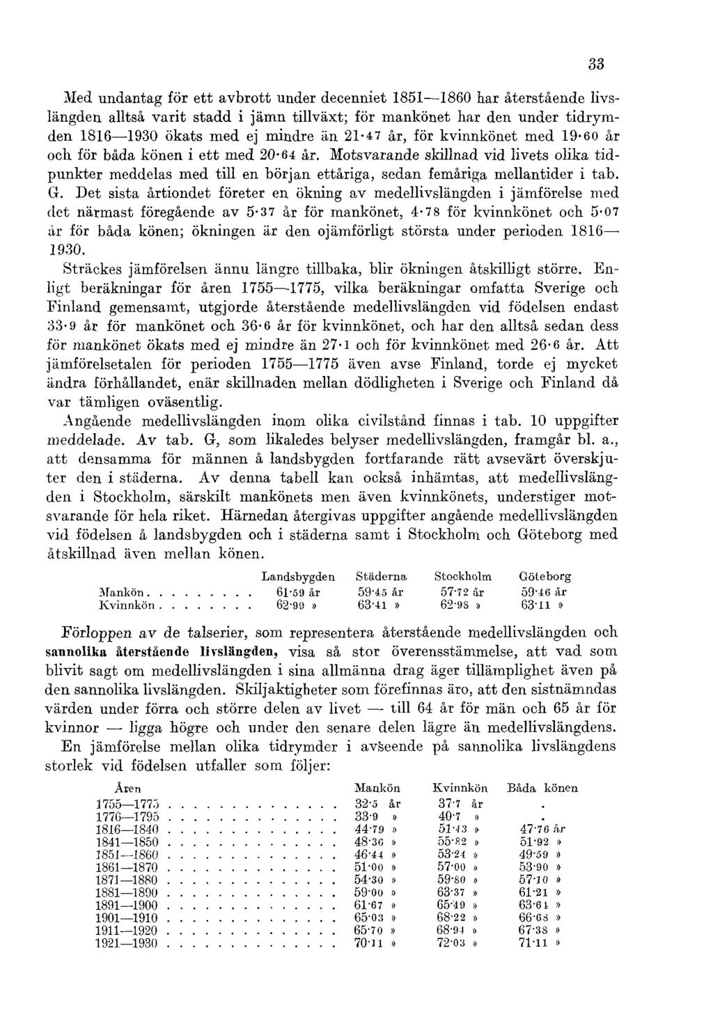 Med undantag för ett avbrott under decenniet 1851 1860 har återstående livslängden alltså varit stadd i jämn tillväxt; för mankönet liar den under tidrymden 1816 1930 ökats med ej mindre än 21-47 år,