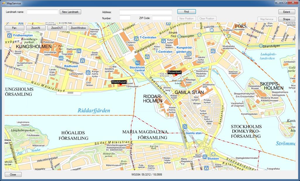 Figur 8: Bild på klienten med kartdata levererat från Stockholm stad WMS och med två positioner utsatta som hämtats från databas. 7.