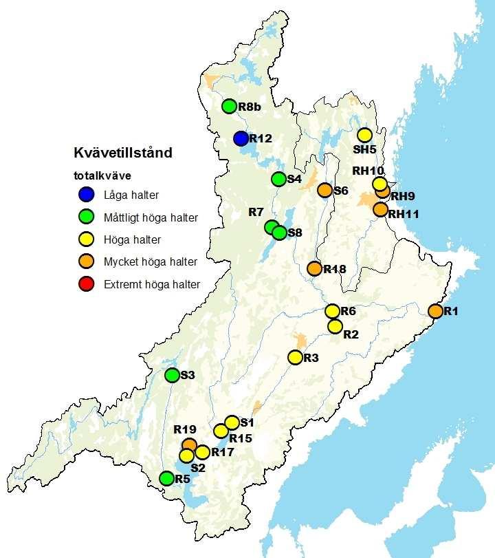 Dalbergsån och Holmsån 215 Resultat Karta 5. Kvävetillstånd i Dalbergsån och Holmsåns avrinningsområde år 215. Bedömning enligt Naturvårdsverkets bedömningsgrunder (Rapport 4913). Lantmäteriet.