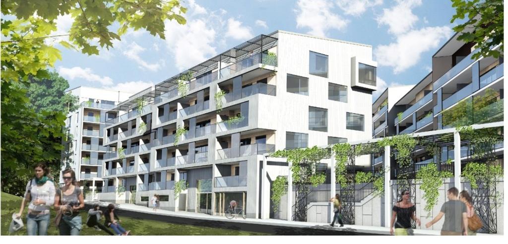 Del av fasaden vid den nya angöringsgatan mot Kristinebergsparken och slottet som visar att här ligger gården högre än den nya gatan.