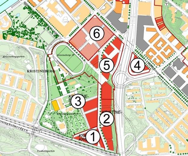 södra delarna av stadsutvecklingsområdet kring Kristinebergs slott enligt nedan: Del av planöversikt för Västra Kungsholmen oktober 2014. Röda områden markerar planerad bebyggelse 1.