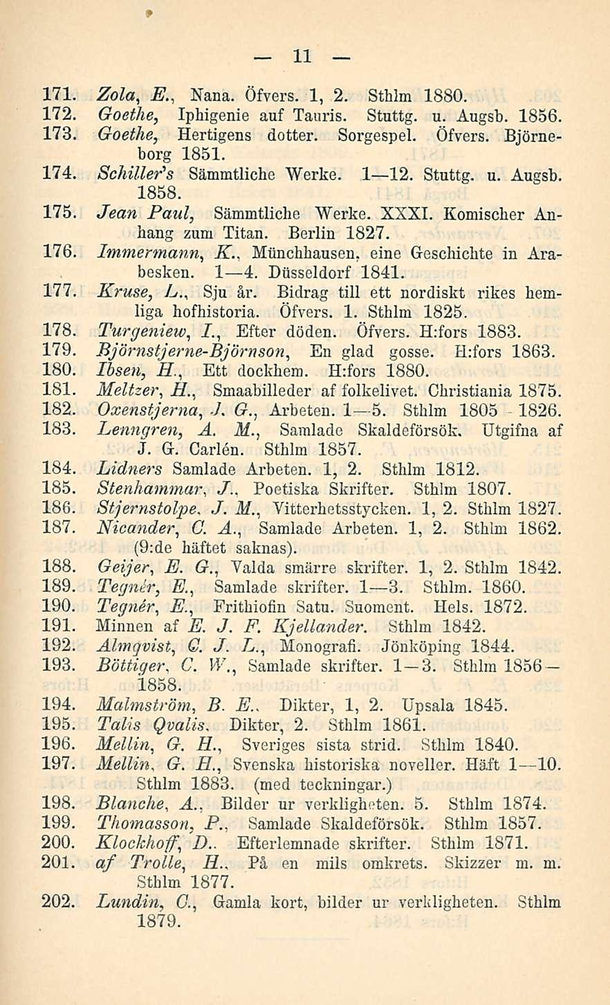 11 171. Zola, E., Nana. Öfvers. 1, 2. Sthlm 1880. 172. Goethe, Iphigenie auf Tauris. Stuttg. u. Augsb. 1856. 173. Goethe, Hertigens dotter. Sorgespel. Öfvers. Björneborg 1851. 174.