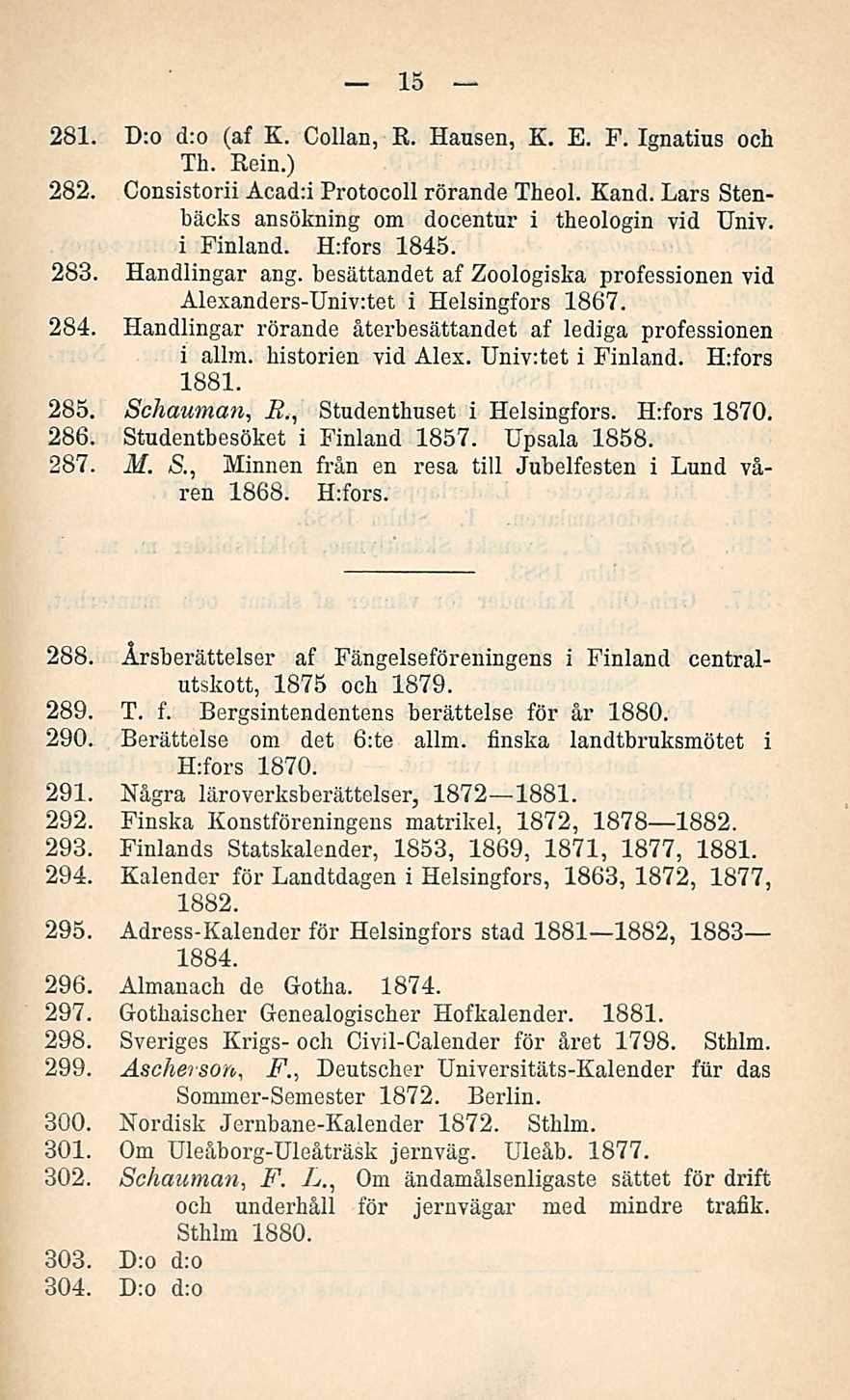 15 281. D:o d:o (af K. Collan, R. Hansen, K. E. F. Ignatius och Th. Rein.) 282. Consistorii Acadd Protocoll rörande Theol. Kand. Lars Stenbäcks ansökning om docentur i theologin vid Univ. i Finland.