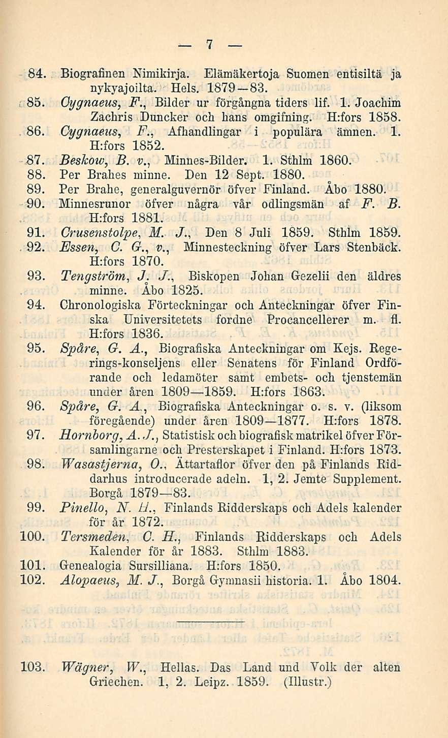 7 84. Biografinen Nimikirja. Elämäkertoja Suomen entisiltä ja nykyajoilta. Hels. 1879 83. 85. Cygnaeus, F., Bilder ur förgångna tiders lif. 1. Joachim Zachris Duncker och hans omgifning. H:fors 1858.