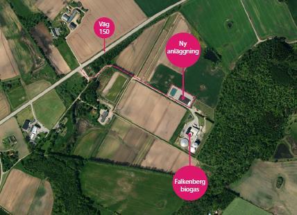 Översikt över området med föreslagen placering. Söder om planområdet finns Falkenberg biogas, väster om ligger Gödastorp Grönt och öster om ligger skogsområdet Ödgärdaberg. Bild: Sweco.