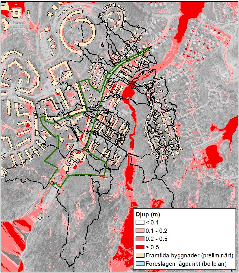 PM 11(18) Framtida situation - resultat med simulerade åtgärder För den planerade markanvändningen blir översvämningsutbredningen enligt Figur 9 och Figur 10 och flöden enligt Figur 11.