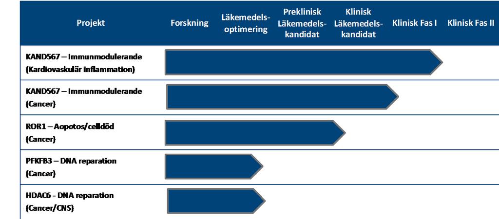 LÄKEMEDELSUTVECKLING Bolaget har fyra läkemedelsprojekt i portföljen: Blockerare av Fractalkinereceptorn CX3CR1Kancera utvecklar den småmolekylära läkemedelskandidaten KAND567, som blockerar