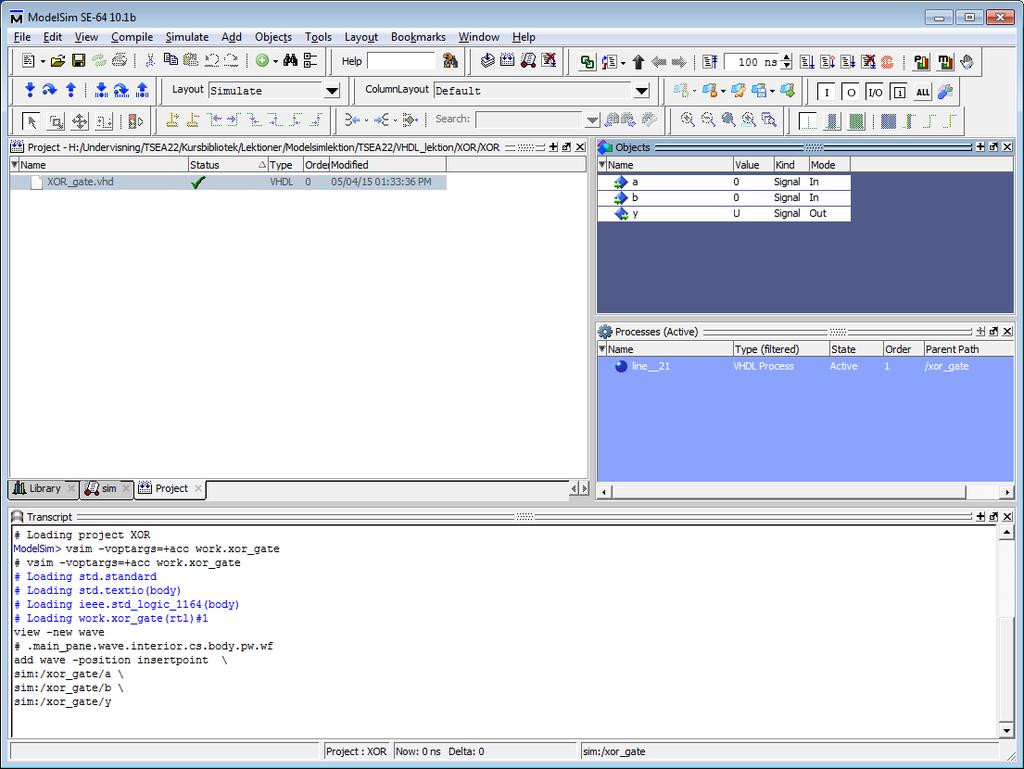 Simulering i ModelSim Följande dokument beskriver steg för steg hur en VHDL-modell simuleras i Modelsim. Sist i dokumentet finns några övningsexempel. 1.