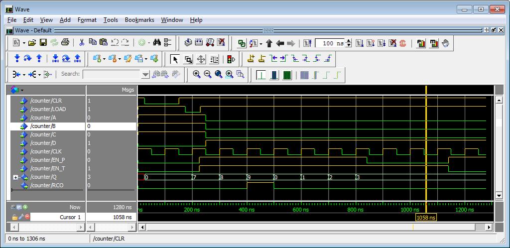 Uppgift 1. Konstruera med hjälp av VHDL en BCD-räknare som har samma funktion som 74LS160 och simulera konstruktionen i Modelsim. I den kopierade katalogen finns en underkatalog med namn Counter.