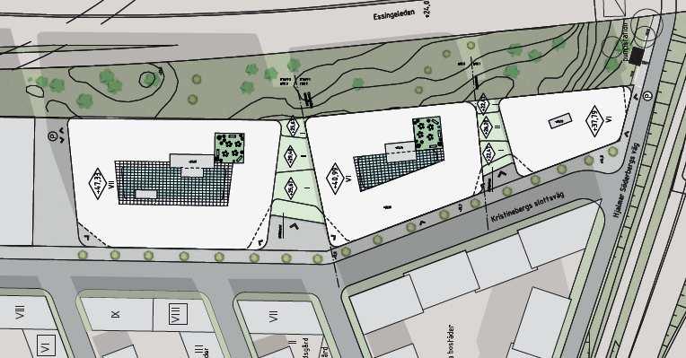 De tre kontorshusen står på en gemensam sockel som mot Kristinebergs Slottsväg har indragna entréer, små torg.