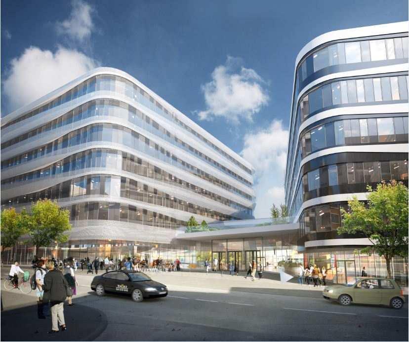 Huvudentrén i fonden på den planerade nya gatan utmed bostadskvarteret och Kristinebergsparken Vid länkbyggnaderna mellan kontorshusen utformas entrétorg mot