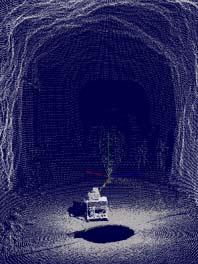 Figur 3. Laserskannat bergrum. Figur 4. Laserskannad fasad av järnverket i Avesta där ett foto har draperats över punktmolnet.