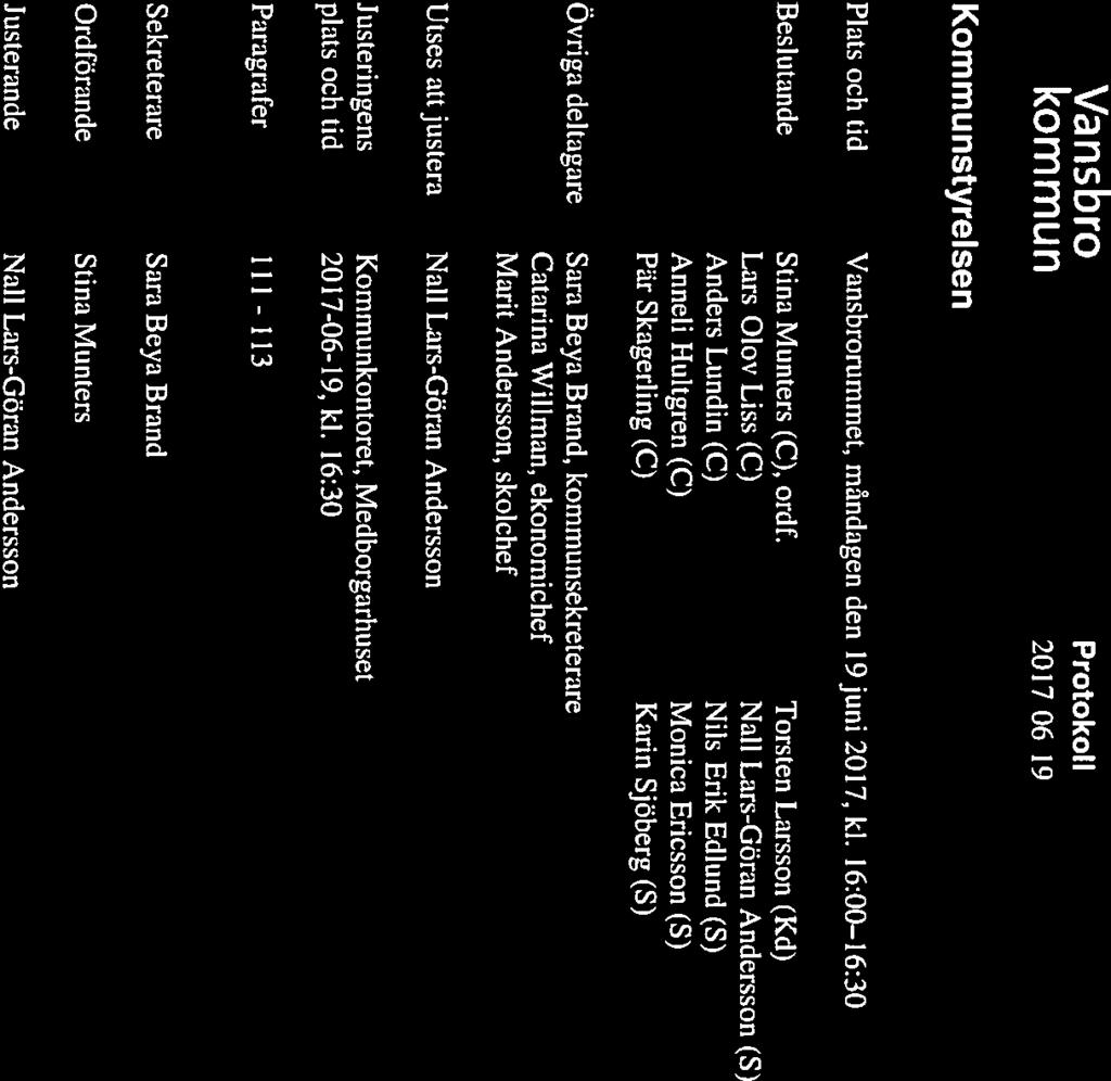 20 17-06-19 Plats och tid Beslutande Övriga deltagare Utses att justera Justeringens plats och tid Vansbrorummet, måndagen den 19juni 2017, kl.