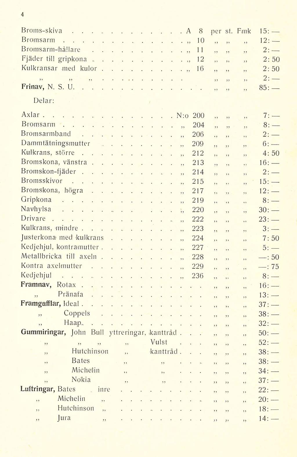 med.. Broms-skiva A 8 per st. Fmk 1 Bromsarm 10 1 B roms ar m-h å!iare 11 50 8 Fjäder till gripkona 12 Kulkransar med kulor 16 50 Frittav, N. S.