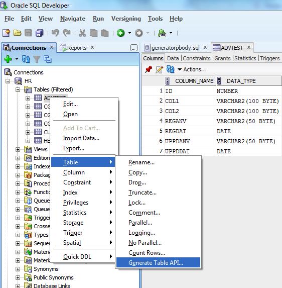 3.1 Generate Table API, SQL Developer SQL Developer är ett utvecklingsverktyg för databaser. Det är gratis och finns att ladda ner på Oracles hemsida [1].