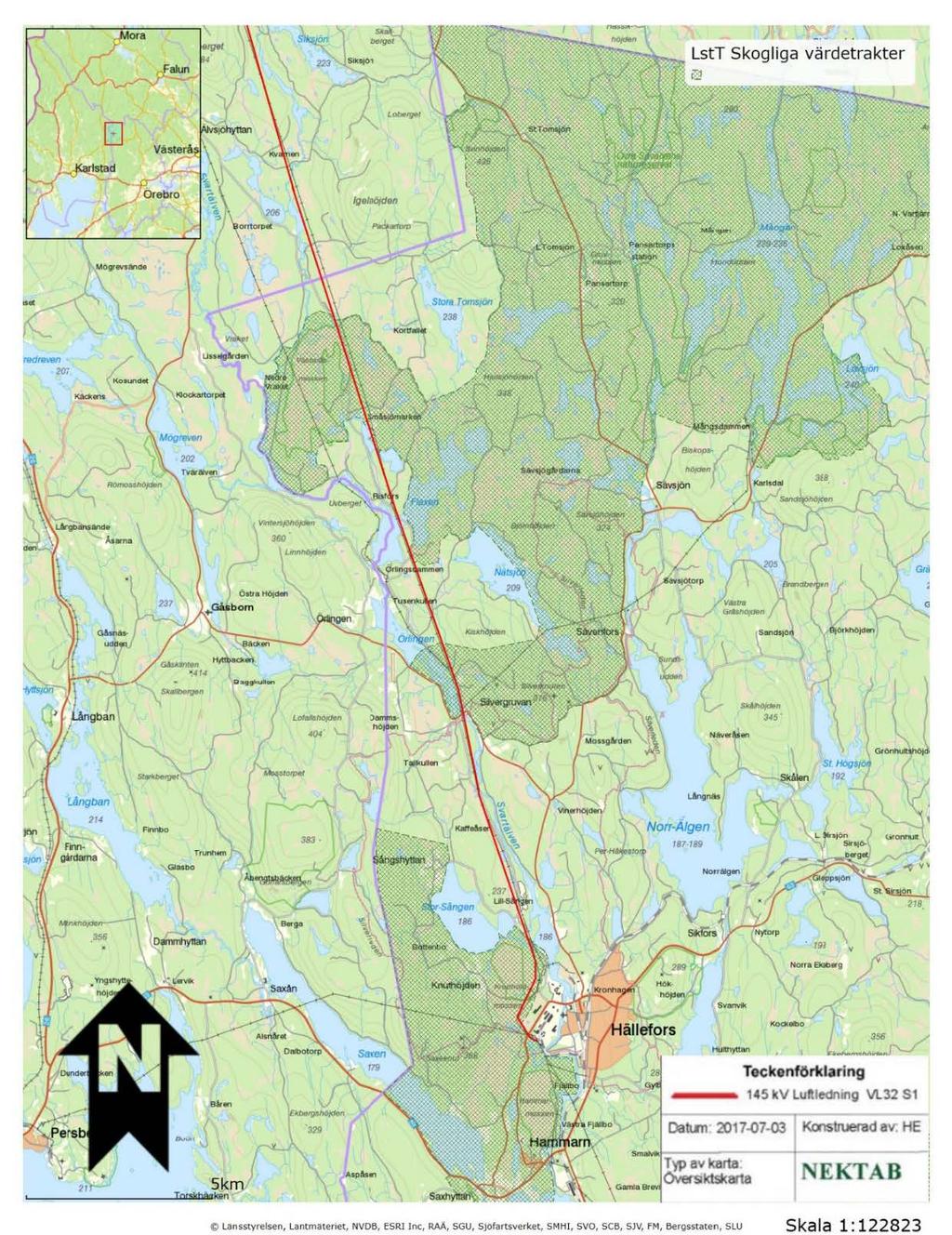 Figur 9. Kartan visar hur den befintliga ledningen löper genom områden som är utpekade som skogliga värdetrakter inom Örebro län. 6.