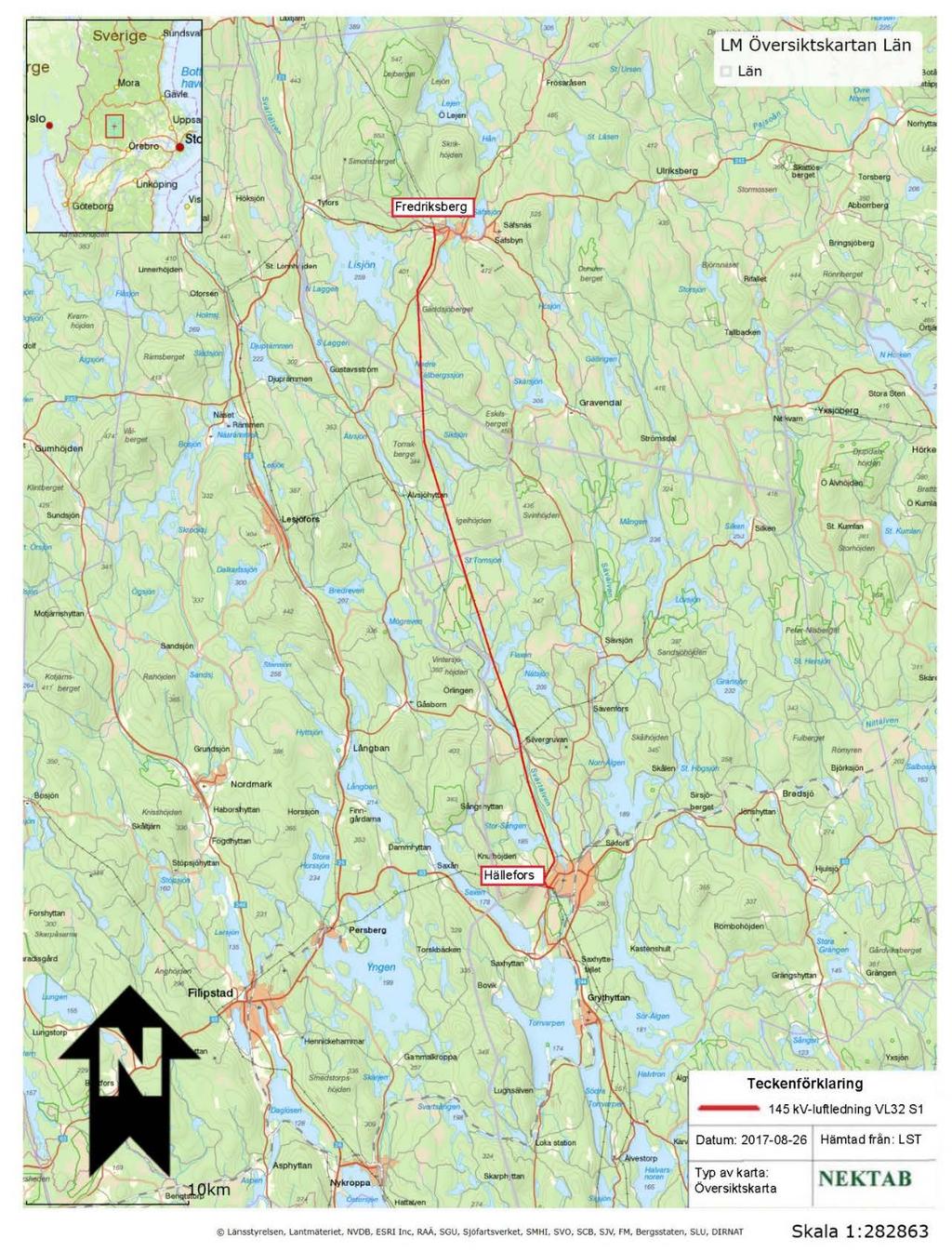 Figur 1. Översiktskarta över 145 kv-ledningen mellan startpunkten i Fredriksberg och slutpunkten i Hällefors. 1. Presentation av ledningsägaren Ellevio är ett av Sveriges största elnätsföretag.